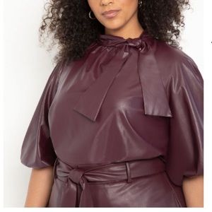 ELOQUII Faux Leather Bow Blouse with Puff Sleeve Burgundy